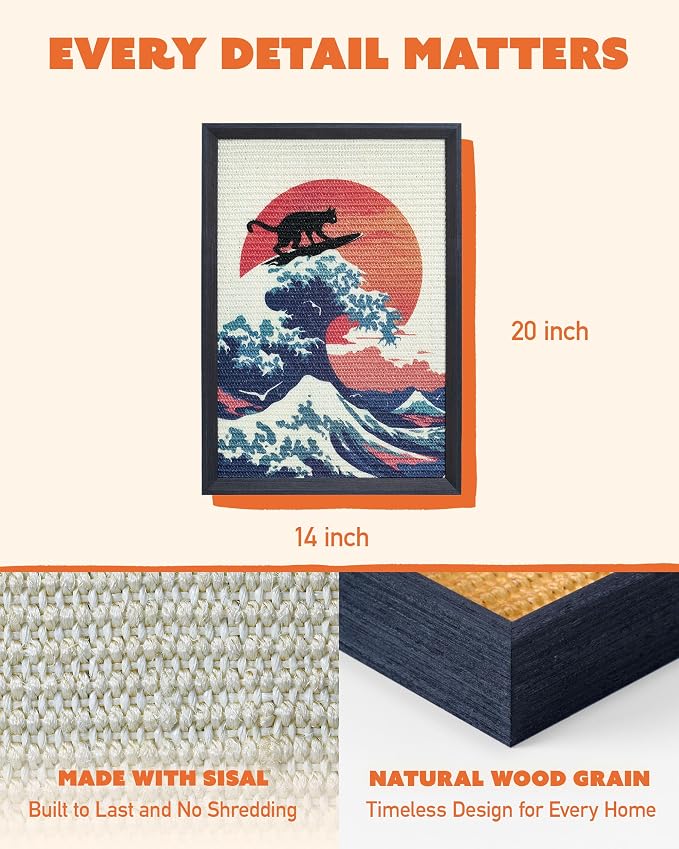 Decorative Wall Art Cat Scratcher for Vertical Scratching, 14"x20" Framed Sisal Scratch Pad Mat with Renter-Friendly No-Drill Wall Mounted Setup, Durable Alternative to Cardboard (The Cat Wave) - Image 3