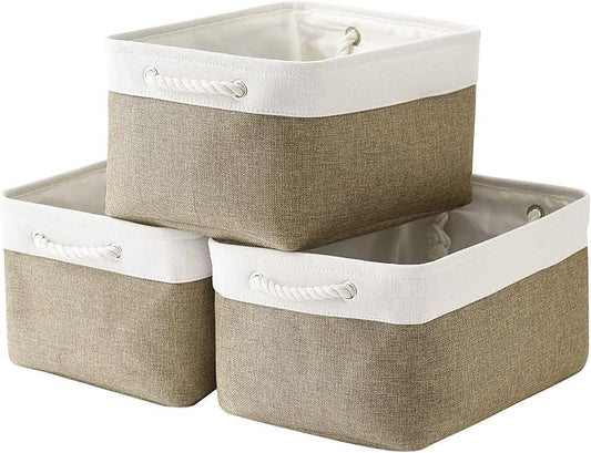 TheWarmHome Storage Basket for Organizing - 16x12x8 inch Large 3 Pack Collapsible Storage Bin for Shelves with Handles, Fabric Storage Cubes for Organizer Cloth Gift Toy Closet (Whiet & Khaki) by TheWarmHome
