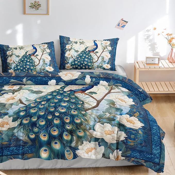 AILONEN Blue Peacock Duvet Cover Set,Floral Bedding Set Animal Feather for Girls,Women King Size,Victorian Style Flower Birds Comforter Cover,3-Piece, 1 Quilt Cover and 2 Pillowcases - Image 3