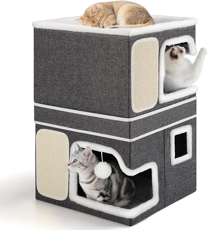 Double Cat Beds for Indoor Cats, 2-Storey Cat House with Large Cozy Hideaways, Dual Purpose Cat Cave Cube with Scratch Pads, Fluffy Balls, Foldable Indoor Cat Houses for Multi Small Pets Kitten, Grey by Shikha