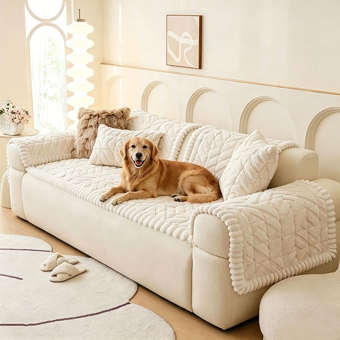 OTOB Plush Couch Arm Cover Washable, Non Slip Sofa Armchair Covers, 1 Piece | Off White, 27.6"x27.6", Pet Friendly, All Seasons, Fuzzy, Modern Geometric Jacquard, Soft Breathable, Furniture Protector by OTOB