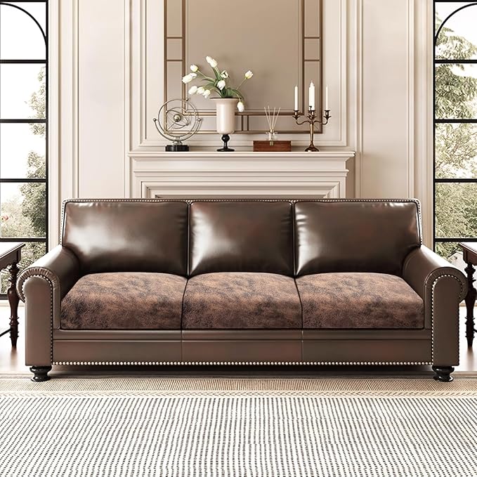 ANARACHON Leather Look Couch Cushion Covers Sofa Seat Slipcovers Sets Couches Furniture Protector for Sectional Armchair Loveseat Pets Kids Stretch Spandex Fabric (3 Cushion Sofa, Light Brown) - Image 2