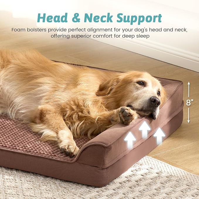 COZY KISS Dog Beds for Extra Large Dog, XXL Bolster Pet Couch with Waterproof Lining, Egg Crate Foam Sofa for Pets Up to 150 lbs, U-Shaped, 48x35x8 inch, Brown - Image 3