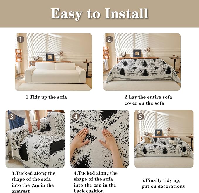 MYSKY HOME Boho Couch Cover for Dogs Washable Black Rhombic Couch Sofa Protector for Loveseat Sofa with Pets Friendly Chenille Geometric Sofa Covers Soft Durable Farmhouse Sofa Slipcovers, 71" X102" - Image 6