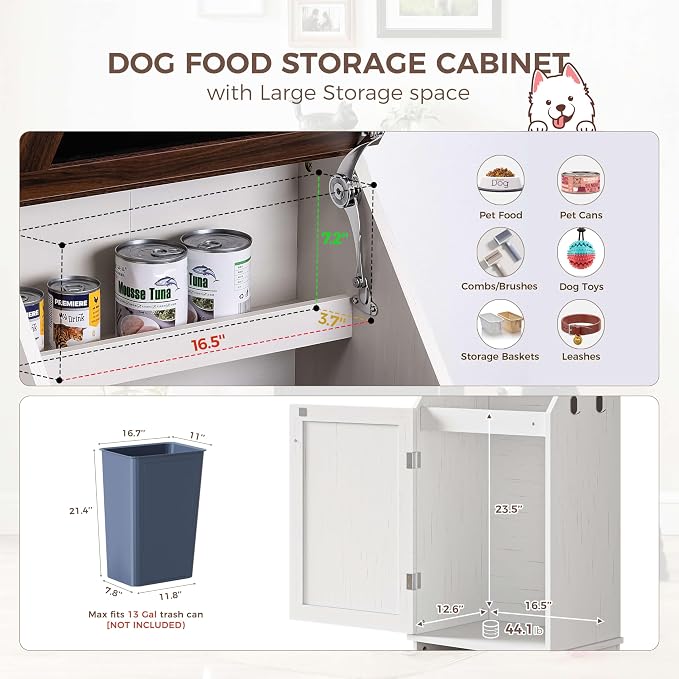 FIMELLO Dog Feeding Station with Storage, Dog Food Cabinet with 2 Hidden Feeding Bowls, Flip-Top Pet Storage Cabinet, Pet Food Holder, White Grain - Image 3