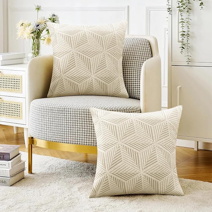 YEMYHOM Pack of 2 Throw Pillow Covers 18 x 18 Inch High Stretch Jacquard Pillowcase for Couch Sofa Living Room Home Decor, Beige - Image 2