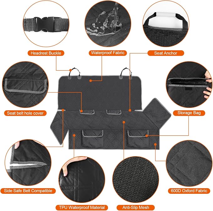 Dog Car Seat Cover for Hyundai Elantra 2015-2025 | Waterproof Pet Bench Seat Cover for Back Seat, 600D Heavy Duty Scratch Proof Nonslip Truck Seat Covers for Dogs - Image 3