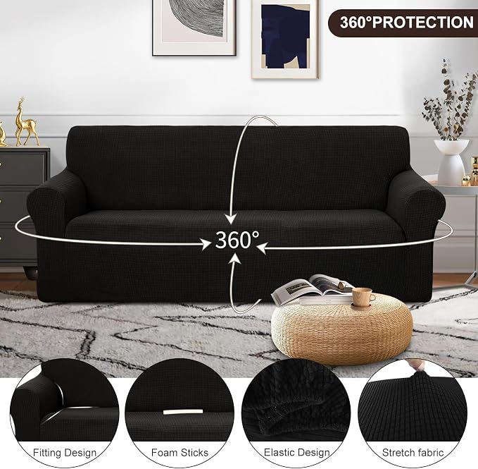 U-NICE HOME Oversized Stretch Couch Cover Slipcover, Black | 3 Cushion Sofa, 1-Piece Sofa cover, Washable, Pet friendly, Furniture protector, Polyester Spandex Jacquard fabric - Image 3