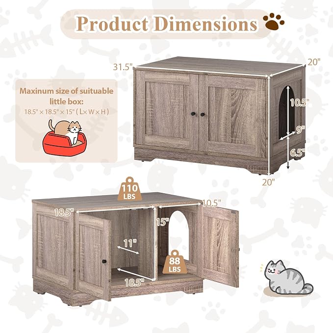 Tangkula Cat Litter Box Enclosure, Wooden Kitty Washroom Cabinet w/Winding Entry & Cat Hole, with Divider, Hidden Double Enclosed Litter Box Furniture for Living Room, Bedroom, Entryway (Grey) - Image 4