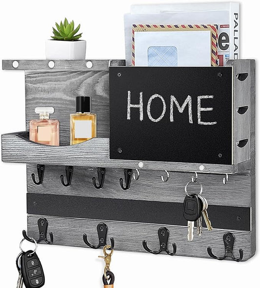 Key Holder for Wall Mount with Shelf and Mail Organizer, Key and Mail Holder with 16 Hooks, Farmhouse Entryway Organizer, Home Decor Rack(Pine Wood,Washed Gray) by HEKOOLA
