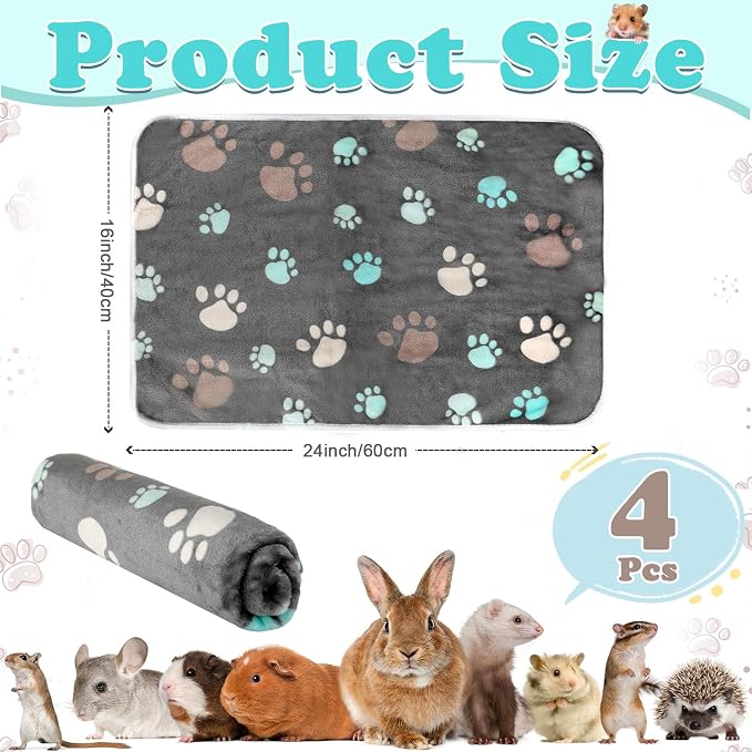 Reginary 4 Pcs Waterproof Guinea Pig Blankets Washable Small Animal Fleece Bedding Absorbent Guinea Pig Cage Liners Reusable Training Pee Pad Pet Sleep Mat for Hamster(Cute Paw,24 x 16 Inch) - Image 2