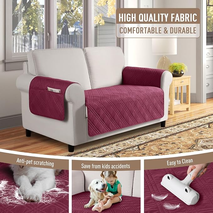 TAOCOCO Waterproof Loveseat Covers for Pets Dogs with Non Slip Backing, Sofa Seat Covers with Side Pocket for 2 Cushion Couch Washable Dog Couch Cover Protector Sofa Slipcovers(Loveseat, Wine) - Image 4