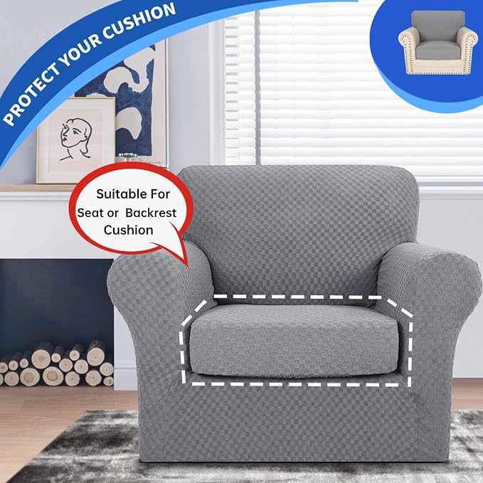 YEMYHOM Stretch Individual Cushion Covers Sofa Chair Seat Cushion Slipcovers Soft Couch Cover Replacement Large Checkered Furniture Protector with Elastic Bottom (1 Pc Cushion Cover, Light Gray) - Image 3