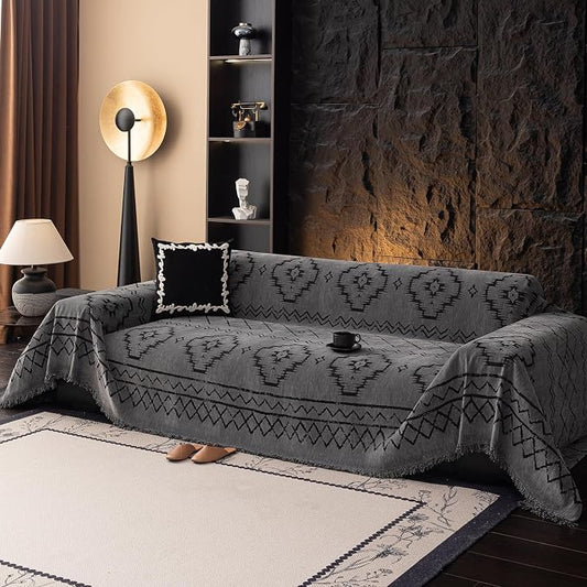 DREAMINGO Boho Couch Cover Sofa Covers for 3 Cushion Couch Jacquard Chenille Couch Cover Blanket Living Room Pet Furniture Protector Sectional Couch Covers for Dogs Washable, Grey, 71"x150" by DREAMINGO