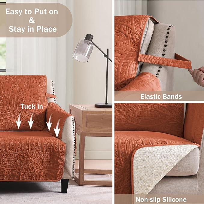 Soft Quilted Couch Cover with Pockets for Extra-Large Sofa, Anti-Slip Sofa Covers Washable for 3 Cushion Pet Friendly, Oversized Sofa Cover Water-Repellent (X-Large Sofa 78", Burnt Orange) - Image 4