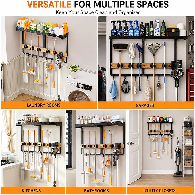 Large Broom Mop Holder Wall Mount with Shelf,5 Grips,6 Hooks,Vacuum Hook | 3-in-1 Cleaning Supplies Organizer,Broom Organizer,Top Shelf with Railing,Storage Rack for Laundry Utility Garages Kitchens, - Image 6