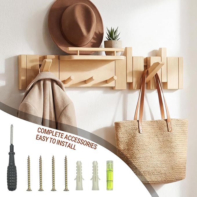 Mid Century Modern Wood Coat Rack Wall Mount with Shelf, 7 Hooks, Natural | Wood and metal wall rack with fold-down piano-key hooks and display shelf organizes coats, bags, keys and decor up to 25 lb. - Image 6