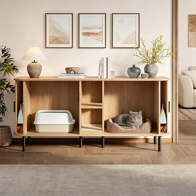 58" Double Cat Litter Box Enclosure, Large Hidden Litter Box Furniture for 2 Cats with Cat Scratch Pad, Wooden Modern Indoor Cat House with Double Room, TV Stand, Side Table, Natural - Image 7