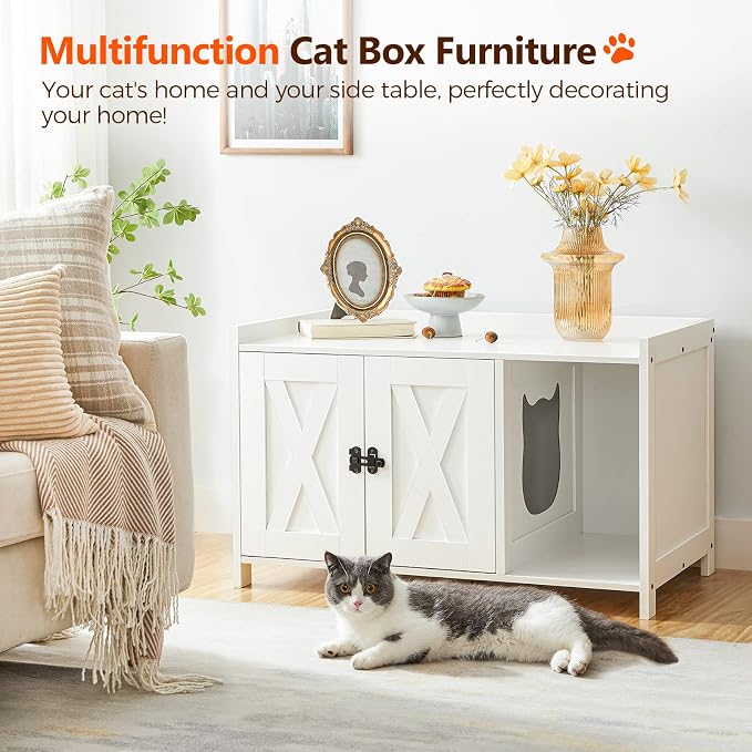 MAHANCRIS Cat Litter Box Enclosure, Hidden Litter Box Furniture with Divider, Indoor Cat House, Wooden Cat Washroom Storage Cabinet Bench, Side End Table Nightstand, White CWWT2501 - Image 2