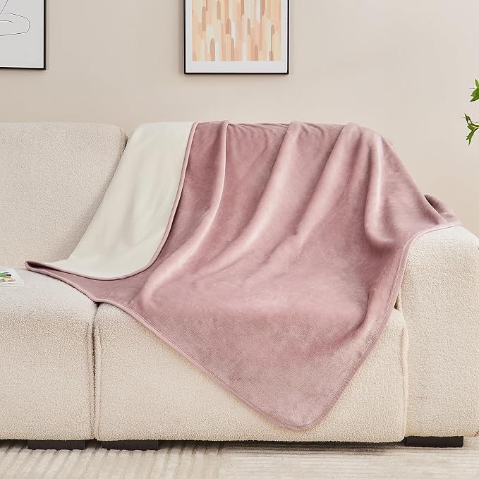 Waterproof Blanket 40"x60" for Adults, Reversible Waterproof Bed Cover for Dogs Cats Pets, Soft Leakproof Blanket for Bed Couch Sofa Furniture Protector, Dusty Pink/Off White by Yaning