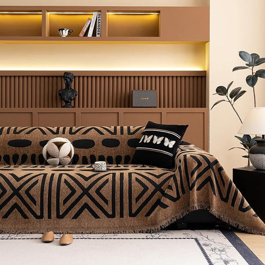 VClife Couch Cover Bohemian Morroccan Sofa Cover Washable Sofa Slipcover for 2 Cushion Couch Sofa Non Slip Soft Chenille Furniture Protector Modern Brown Black Slip Cover for Couch 71''x118'' by VCLIFE