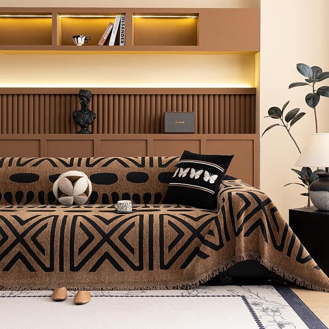 VClife Couch Cover Bohemian Morroccan Sofa Cover Washable Sofa Slipcover for 2 Cushion Couch Sofa Non Slip Soft Chenille Furniture Protector Modern Brown Black Slip Cover for Couch 71''x118'' by VCLIFE