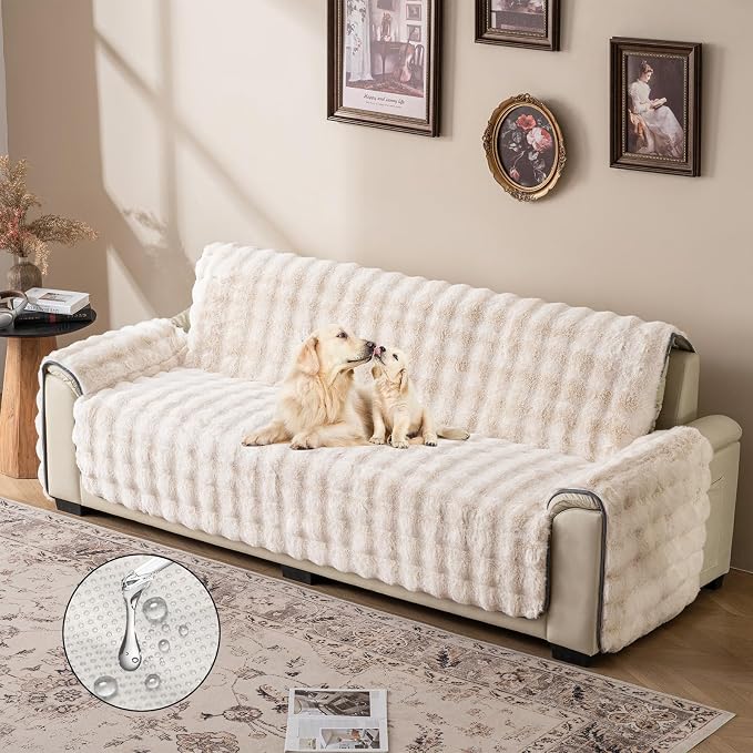 Plush and Fuzzy Shaggy Couch Cover, Dog Pad Faux Fur Sofa Cover, Water Resistant Slipcover, Non-Slip Furniture Protector for Kids,Dogs,Cats.(White-Bubble, X-Large Sofa) - Image 2