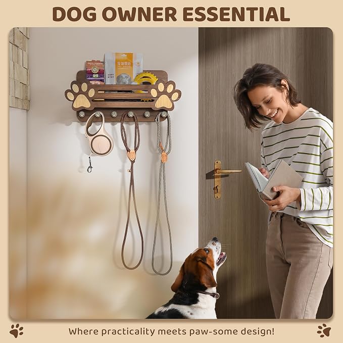 MTERSN Decorative Dog Leash Holder for Wall - Dog Accessories Organizer with Floating Shelf and 6 Key Hooks – Key Holder Wall Mount for Cute Stuff & Rustic Home Decor (Brown) - Image 3