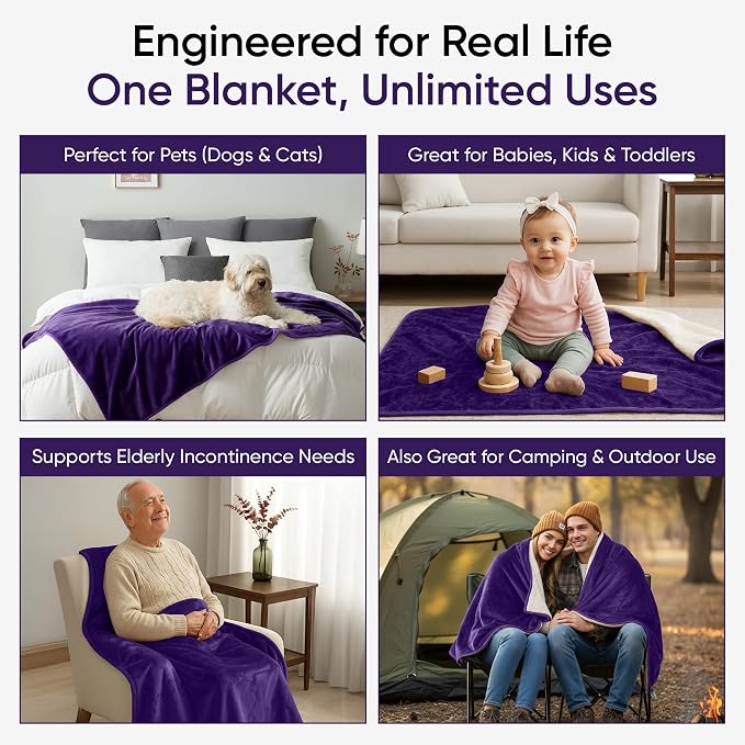 Waterproof Blanket for Bed, Couch & Sofa, Reversible Sherpa & Flannel Throw Blanket, Leakproof Soft Washable Furniture Protector for Pets & Home (Purple, 60"x80") - Image 6