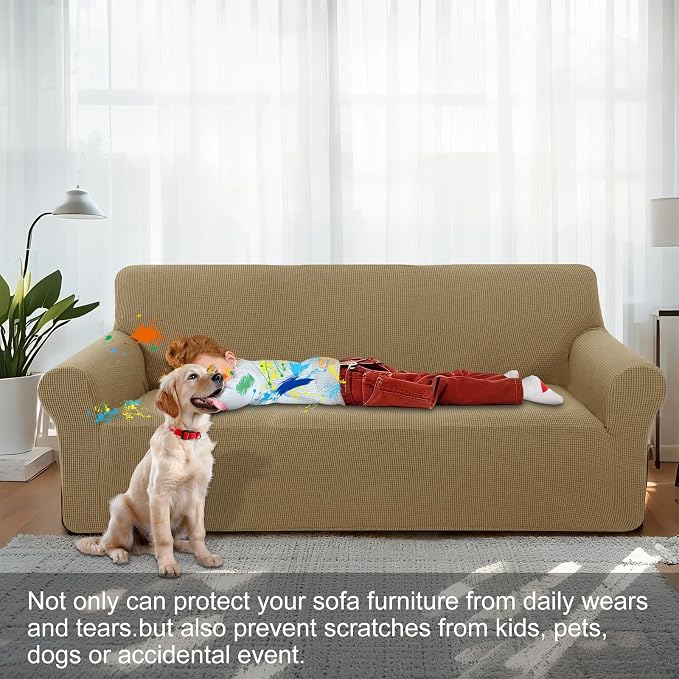 Stretch loveseat Covers Washable Sofa Slipcover, Sand | 1 Piece Couch Covers for Sofa Furniture Protector with Non Skid Foam and Elastic Bottom for Kids, Dogs - Image 2