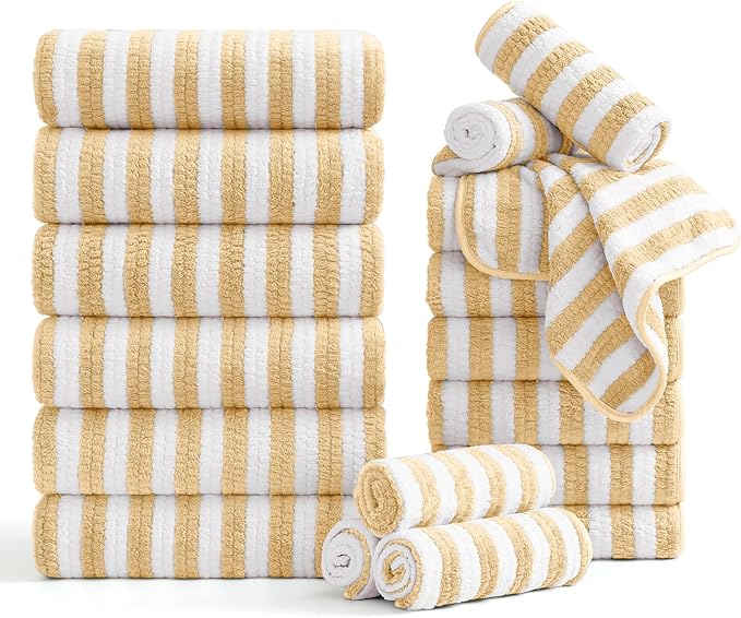 Smuge 18 Pcs Bath Towel Set, Include 6 Bath Towel Sheets, 6 Hand Towels and 6 Washcloths - Highly Absorbent Quick Dry Microfiber,Ultra Soft Bathroom Towel Set with Hanging Loop - Apricot Yellow by Smuge