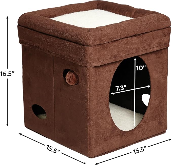 MidWest Homes for Pets Feline Nuvo Curious Cat Cube, Foldable Pet Hideout with Toy, Bolstered Bed Top, Faux Brown Suede, Synthetic Sheepskin - Image 7