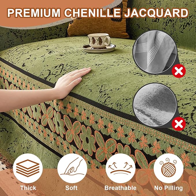 STACYPIK Vintage Floral Green Sofa Covers for Pets, Aesthetic Jacquard Couch Cover for 2 Cushion Couch Washable, Sectional Slipcover for Loveseat, L Shaped Couch Protector Blanket Living Room-71X118IN - Image 4