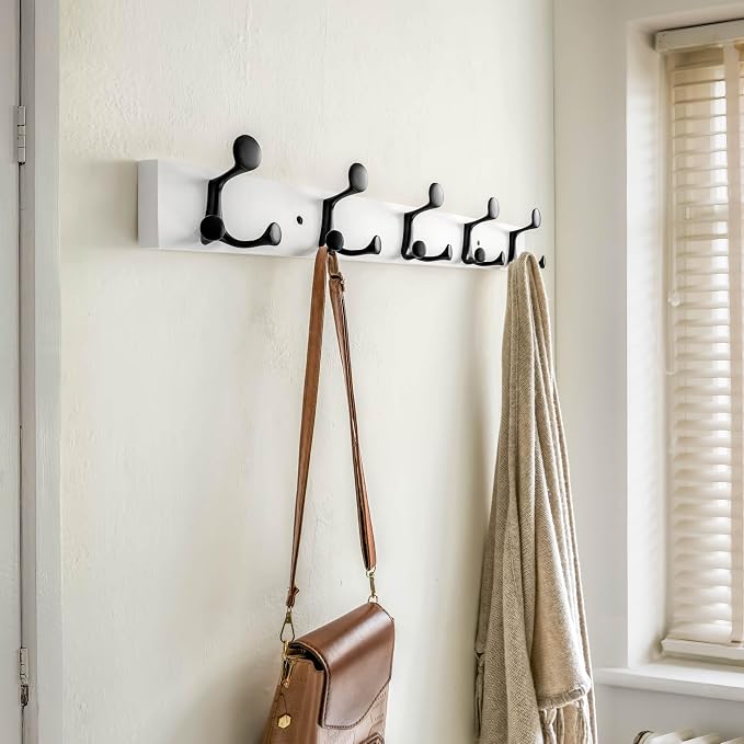 SKOLOO 30-Inch White Wood Coat Rack Wall Mount with 5 Triple Hooks - Ideal for Family Entrances, Classrooms, and Pet Supplies Storage - Perfect Coat Hooks for Wall - Image 2