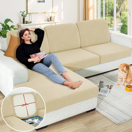 【Clearance】 Sectional Couch Covers for L Shaped Chaise Lounge 1 Piece Separate Cushion Couch Universal Replacement Large Checkered Furniture Protector with Elastic Bottom (Chaise Cover, Light Beige) by YEMYHOM