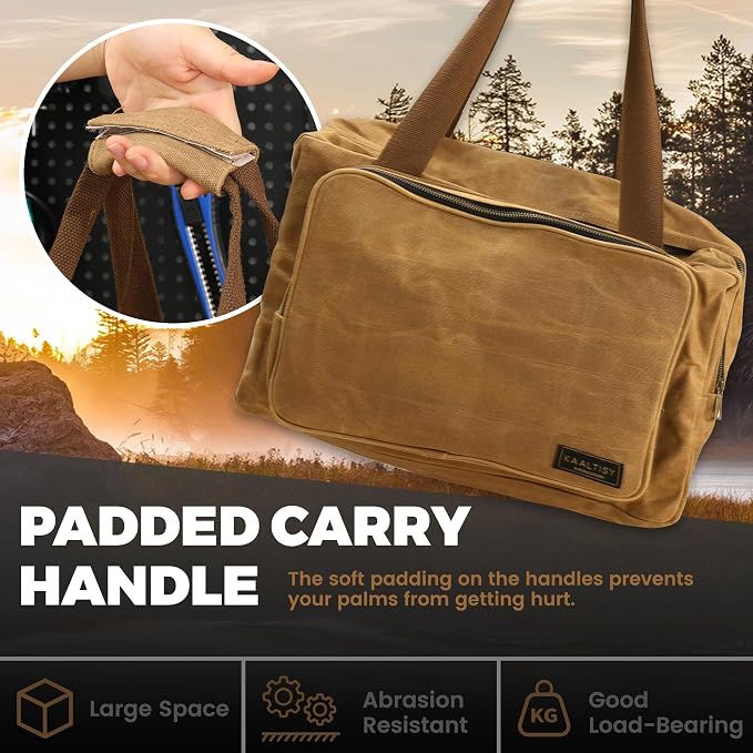 Tool Tote Bag - Large Capacity Tool Carrying Bag with 2 Zipper Pouches, Sustainable 16OZ Waxed Canvas Garden Tote for Gardening Set Hammer Fishing Gear Goggles - Khaki - 15.5"L x 7.5"W x 11.5"H - Image 5
