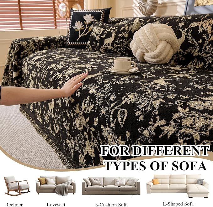 STACYPIK Soft Chenille Vintage Floral Sofa Cover, Washable Beige Black Couch Cover for 3 Cushion Couch, Decorative Couch Protector for Living Room, Loveseat Cover for Sectional with Tassels-71X150IN - Image 5
