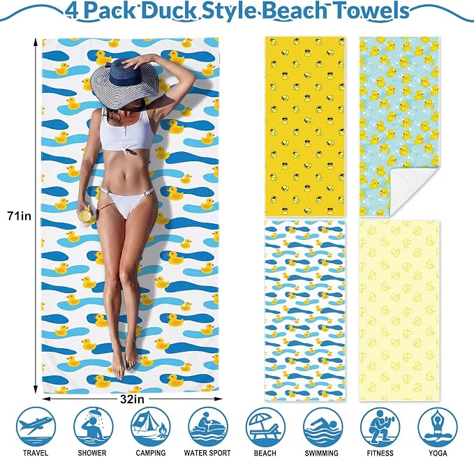 Frienda 4 Pack Microfiber Oversized Lightweight Beach Towel 71x32 in for Women Men Microfiber Quick Dry Sand Free Ocean Coastal Towels for Beach Pool Travel(Little Yellow Duck) - Image 2