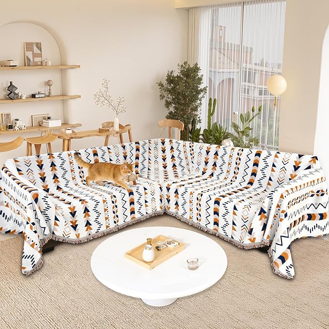 1OO% Waterproof Sectional Couch Covers for Dogs L Shaped Corner Sofa Cover Washable Chenille Sofa Slipcovers Blanket Modern Jacquard Pet Furniture Protector (91"x276", Boho Blue Orange) - Image 2
