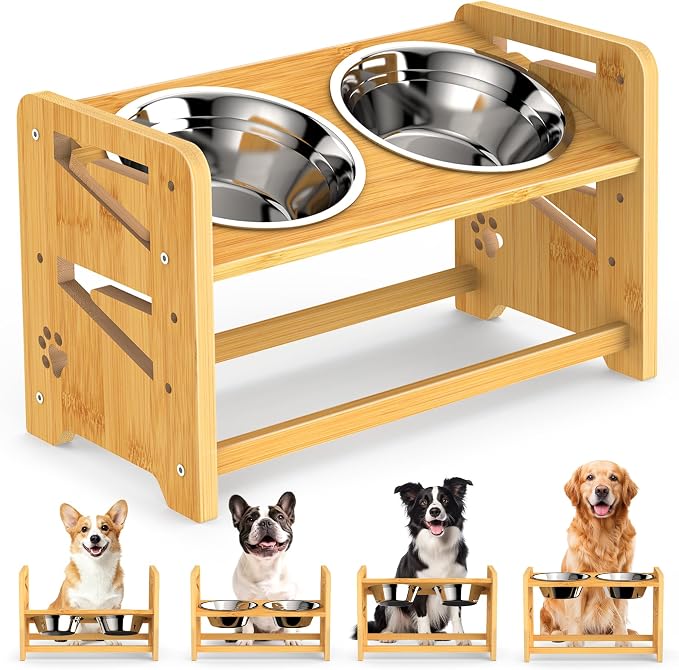 Elevated Dog Bowls, Adjustable Raised Dog Bowl Stand for Medium and Small Dog, 11" High Bamboo Pet Food Feeder with 2 Stainless Steel Dishes（4 Heights） by Unknown