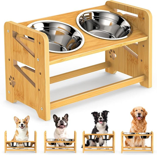 Elevated Dog Bowls, Adjustable Raised Dog Bowl Stand for Medium and Small Dog, 11" High Bamboo Pet Food Feeder with 2 Stainless Steel Dishes（4 Heights） by Unknown