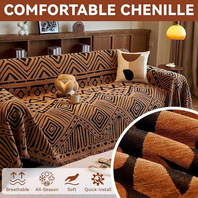 VClife Boho Couch Covers Washable Sofa Cover for Sofa, Luxury Sectional Couch Cover Chenille for 3 Cushion Couch, Anti Slip Pet Sofa Slipcover Dog Couch Cover Throw, Black Pumpkin Geometry, 71"x134" - Image 5