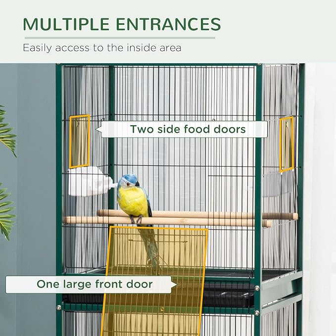 PawHut Large Bird Cage with 1.7 ft. Width for Wingspan, Bird Aviary Indoor with Multi-Door Design, Fit for a Canary, Finch, Conure, 55", Green | Bird Aviary Indoor, Multi-Door Design, Fit for a Canary, Finch, Conure - Image 4