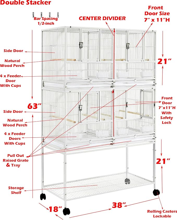 Combo Sturdy Wrought Iron Breeding Double Stacker Center Divided Breeder Bird Flight Double Rolling Cage with Side Breeding Nest Box Doors Lockable Rolling Wheels - Image 2