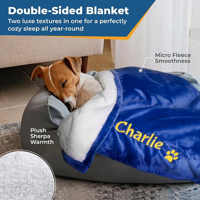 GoTags Personalized Premium Fluffy Dog Blanket, Super Soft Sherpa Fleece Blanket for Pets with Custom Embroidered Name and Paw, Large (40x30 inch), Royal Blue - Image 2