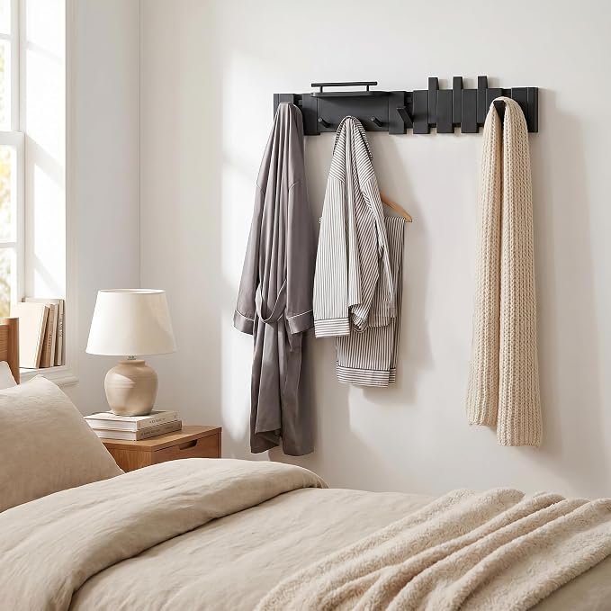 Mid Century Modern Wood Coat Rack Wall Mount with Shelf, 9 Hooks, Black | Wood and metal wall rack with fold-down piano-key hooks and display shelf organizes coats, bags, keys and decor up to 25 lb. - Image 3