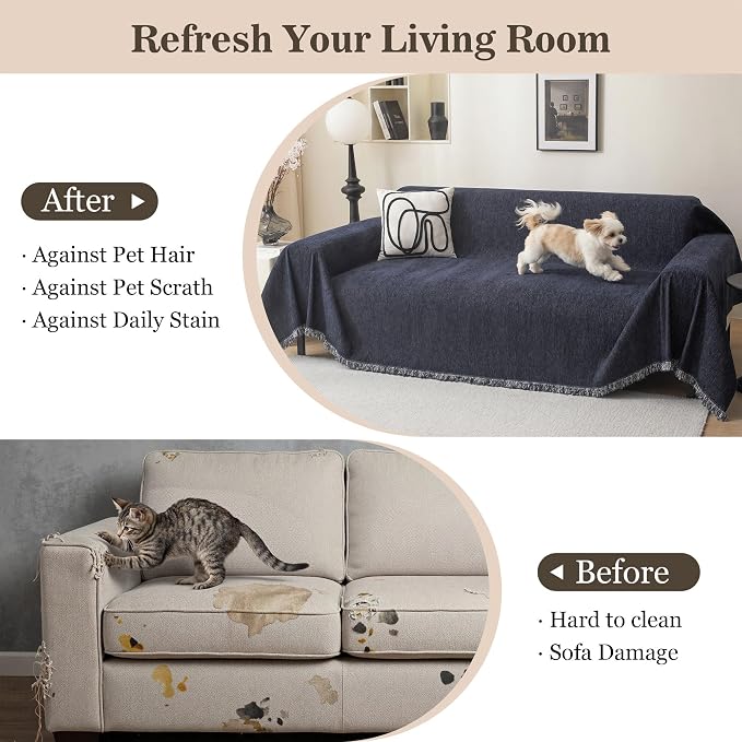 MEETSKY Washable Sofa Cover Navy Blue Sectional Couch Covers for 2 Cushion Couch Sofa Thick Universal Chenille Sofa Covers with Tassel Furniture Protector for Dogs, 71"x 102" - Image 3