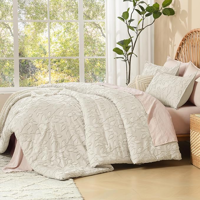 Litanika King Size Comforter Set Beige, 3 Piece Cream Boho Tufted Bedding, Fluffy Farmhouse Bed Set for All Season with 2 Leaf Pattern Pillowcases（104x90In） - Image 4