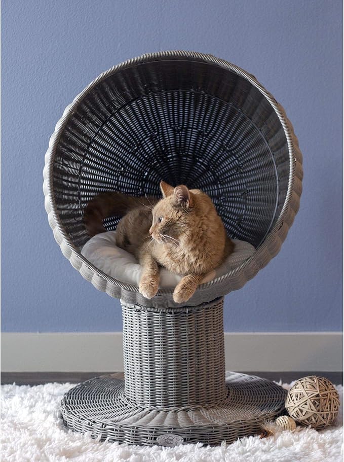 The Refined Feline Kitty Ball Cat Bed Cave for Indoor Cats in Smoke, Claw-Proof Faux Rattan Cat Furniture, Easy to Clean Elevated Cat Bed with Washable & Replaceable Covered Cushion by TheRefinedFeline
