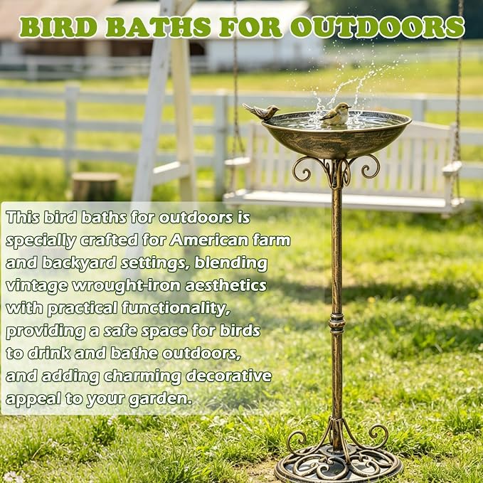 27.6" H Cast Iron BirdBaths for Outdoors,Metal Bird Bath for Outside | Standing Bird Feeder,Home Garden Lawn Yard Decorations - Image 6